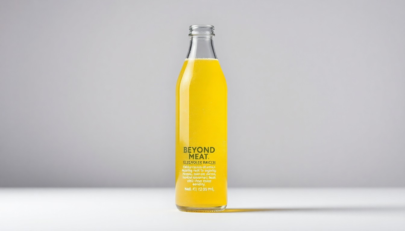 A photorealistic studio still-life image of a sleek, modern glass bottle filled with a vibrant, electrolyte-rich beverage, floating on a clean, monochromatic background and reflecting the dramatic studio lighting, conceptually representing Beyond Meat's new functional drink line.