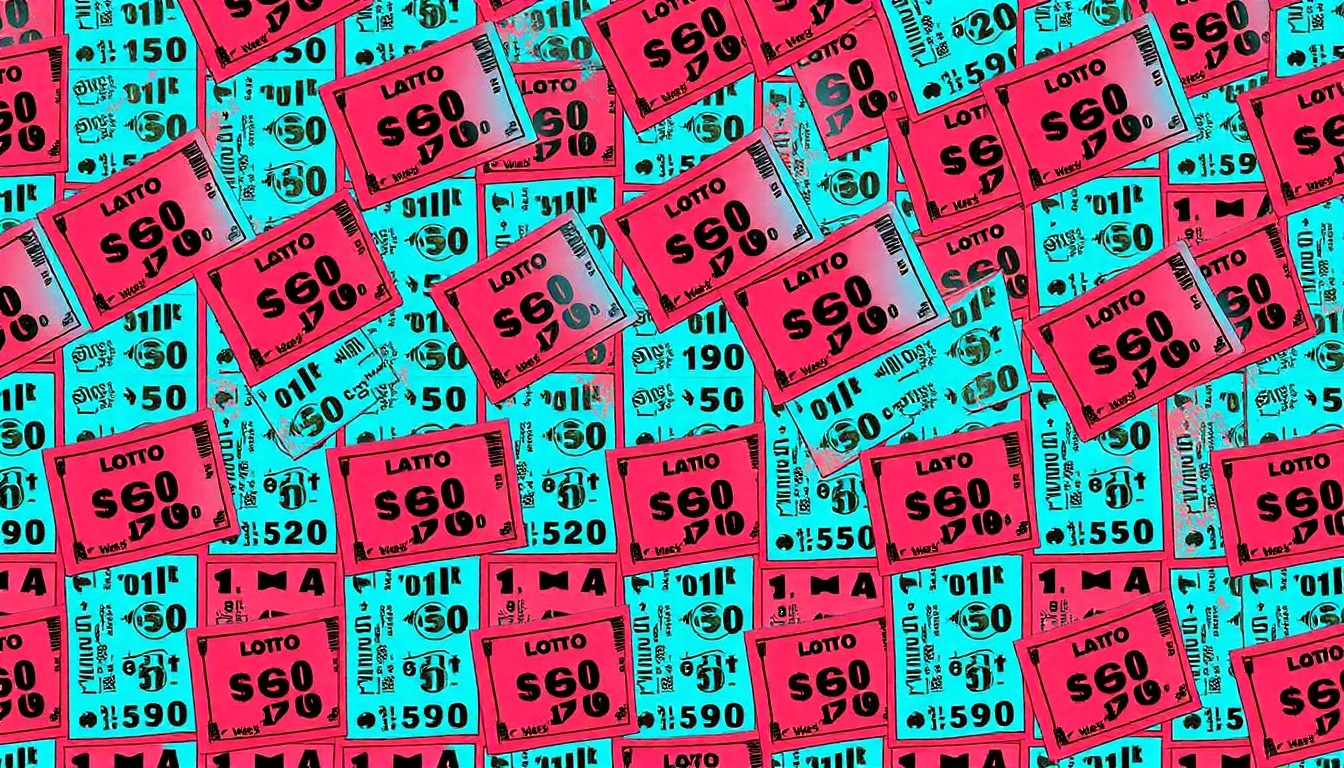 A highly stylized, abstract grid of brightly colored lottery ticket icons in neon shades of blue, green, and pink, conceptually representing the excitement and community impact of a surprise jackpot win.