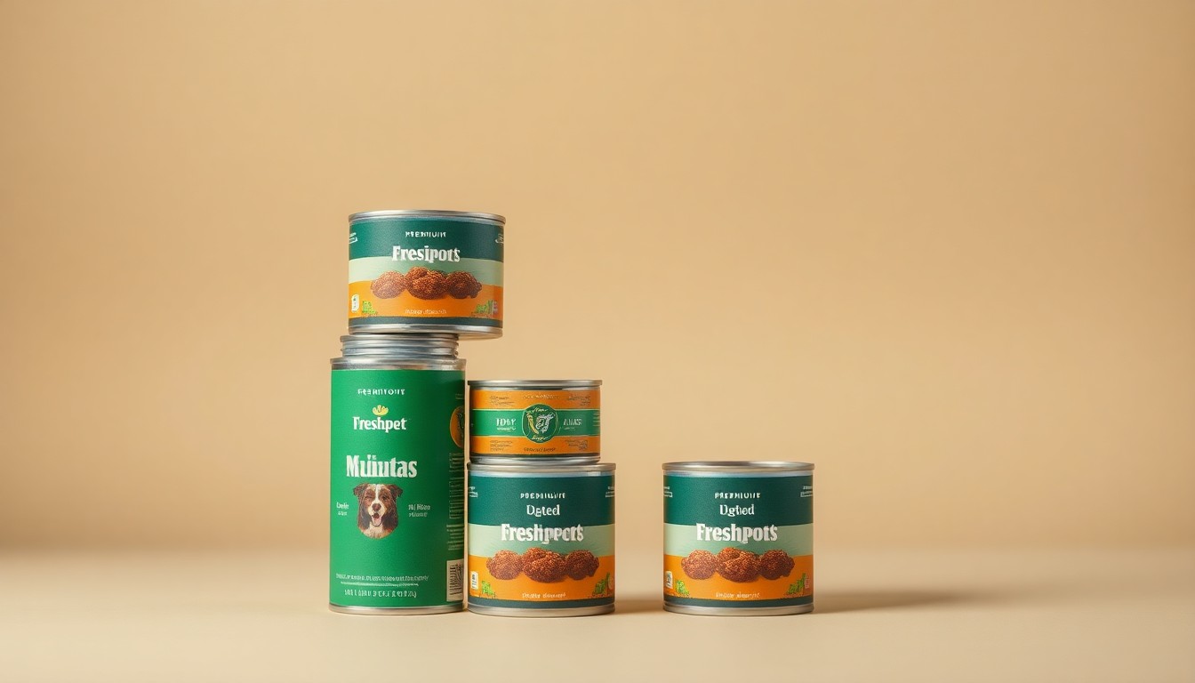 A photorealistic studio still life of stacked dog food cans in muted earth tones, arranged elegantly on a clean, monochromatic background, conceptually representing the abstract corporate strategy and regulatory issues around Freshpet's marketing.