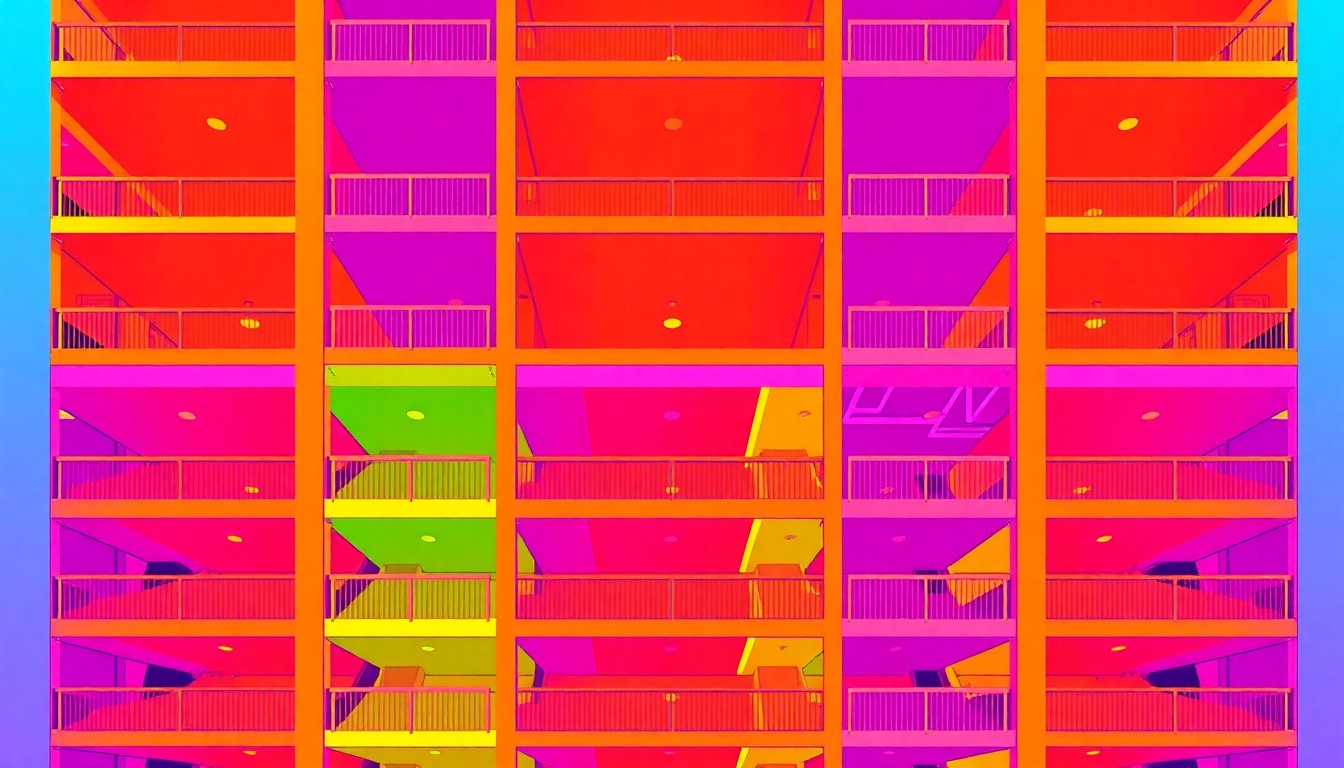 A bold, abstract illustration featuring a repeated icon of a parking garage structure in a grid pattern, rendered in a high-contrast silkscreen style with vibrant neon colors and heavy black outlines, conceptually representing the changes to downtown Houston's parking and transportation landscape.