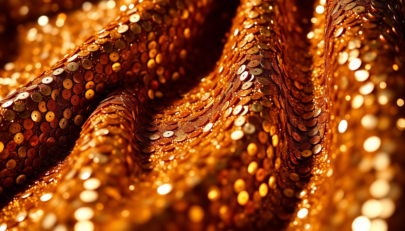 An extreme close-up photograph of shimmering, glittering sequins and metallic textures, shot in dramatic high-contrast studio lighting to create a glamorous, high-fashion aesthetic.