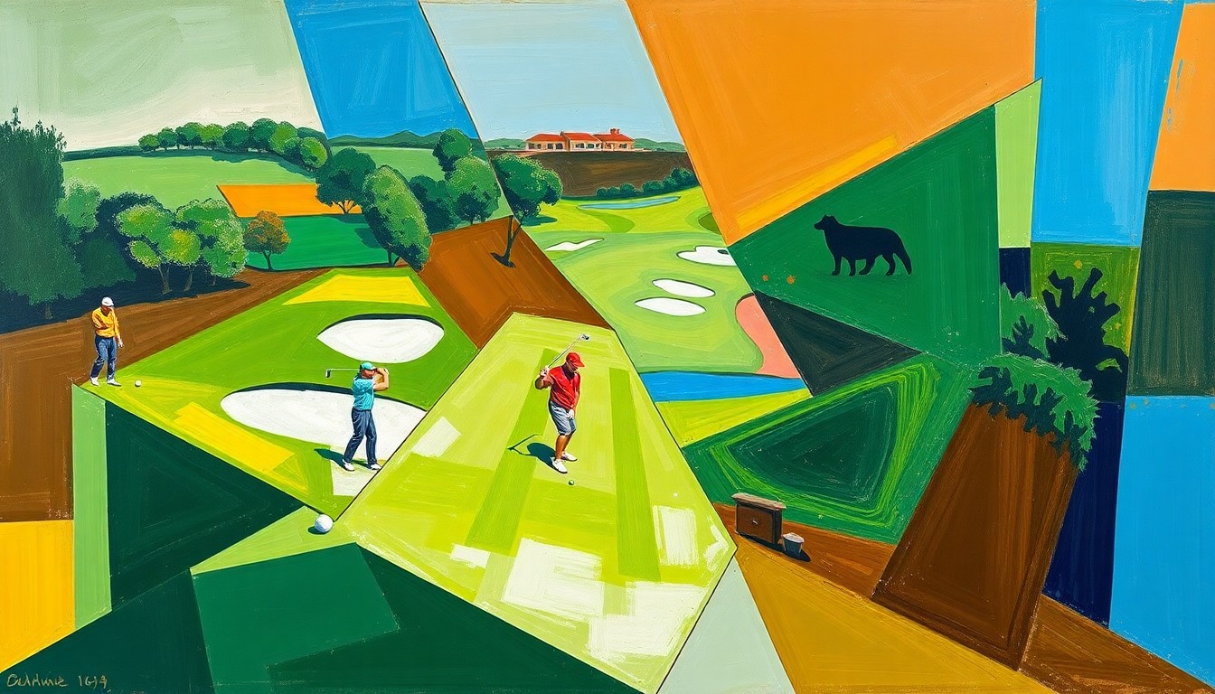 A cubist, geometric painting depicting a fragmented golf course with overlapping planes of green fairways, brown bunkers, and blue sky, conveying the energy and excitement of the start of the golf season.