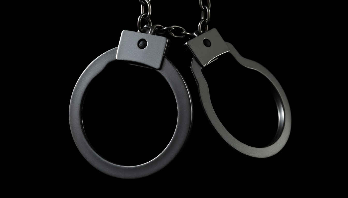 An extreme close-up photograph of a pair of metal handcuffs against a stark black background, creating a gritty, investigative aesthetic through the use of harsh, direct flash lighting.