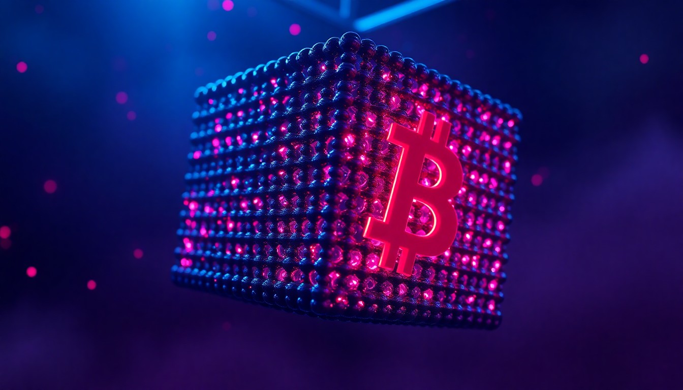A highly detailed, three-dimensional illustration of a large cube made up of millions of individual, illuminated beads, each representing a single bitcoin. The cube is suspended in a dark, atmospheric space, with neon cyan and magenta lights emanating from the beads and casting a vibrant glow, conceptually representing the tangible nature of bitcoin's fixed supply.