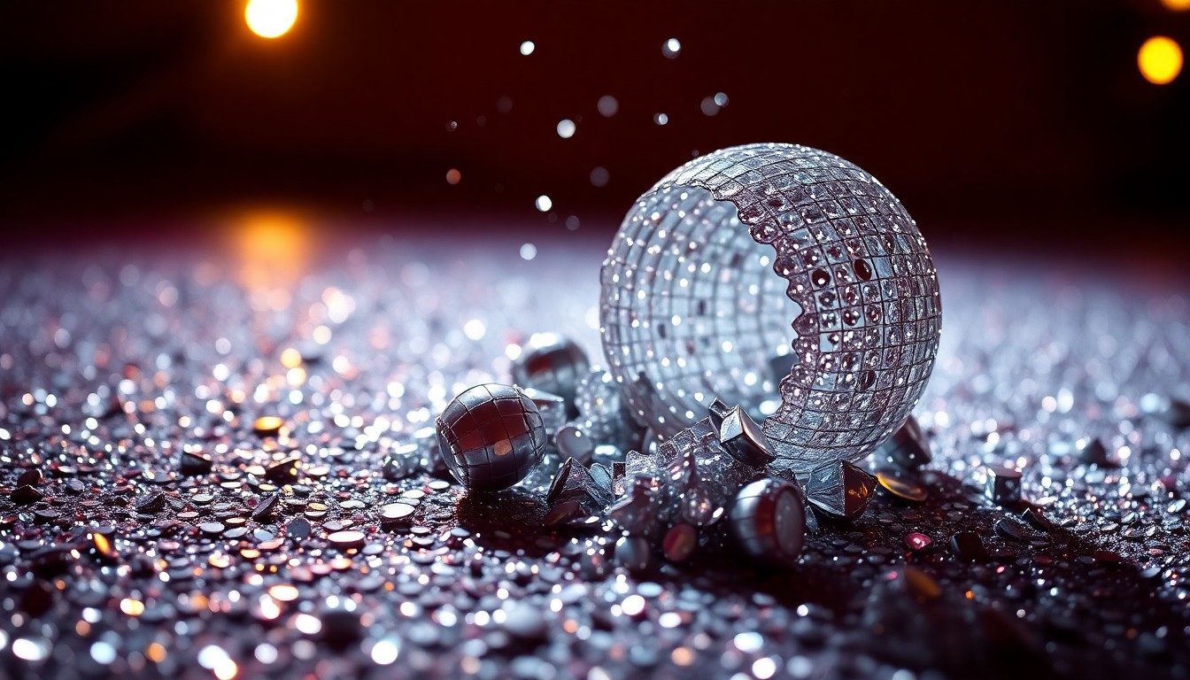 An extreme close-up of shimmering sequins and shattered glass, reflecting dramatic studio lighting to create a high-fashion, glamorous aesthetic without depicting any literal objects or people.