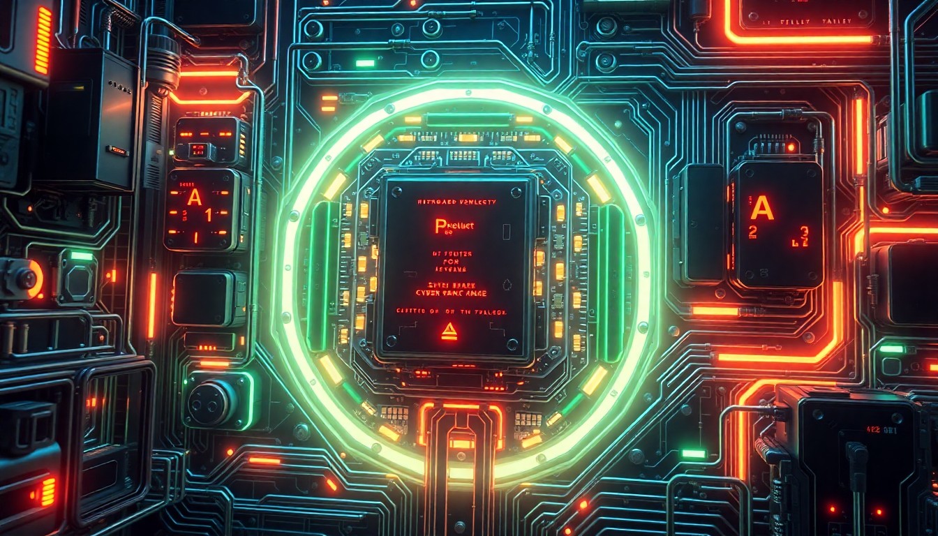 A highly detailed 3D illustration of glowing, neon-lit cybernetic hardware components and circuits, representing the complex infrastructure of AI-powered military technology.