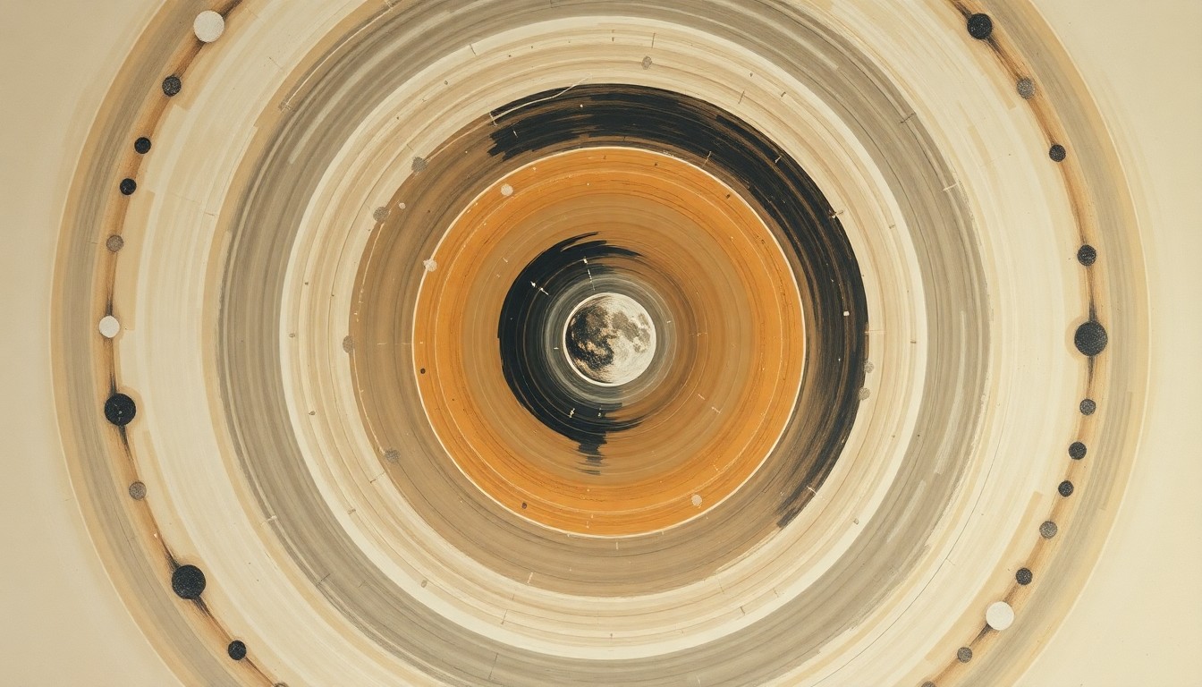 A highly structured abstract painting in muted earth tones, featuring sweeping geometric arcs, concentric circles, and precise botanical spirals, conveying the awe and wonder of space exploration through a non-literal, conceptual visual representation.