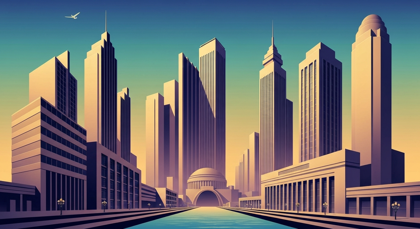 A bold, geometric illustration in the Art Deco style, featuring sweeping architectural forms and gradients of color, conceptually representing the grand scale and international scope of the mayor's diplomatic trip.