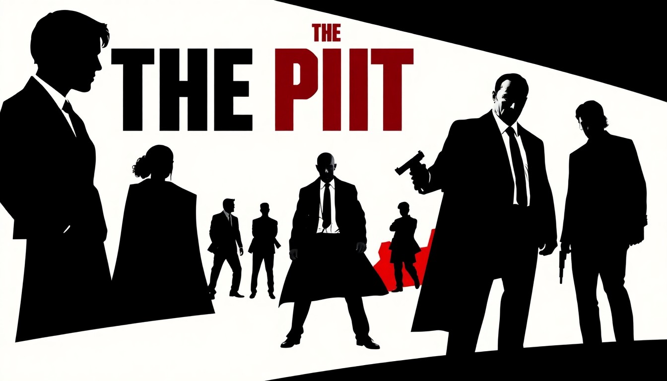 An abstract, minimalist illustration featuring sharp, jagged shapes and bold silhouettes in high-contrast colors, conceptually representing the characters and themes of the TV series The Pitt.