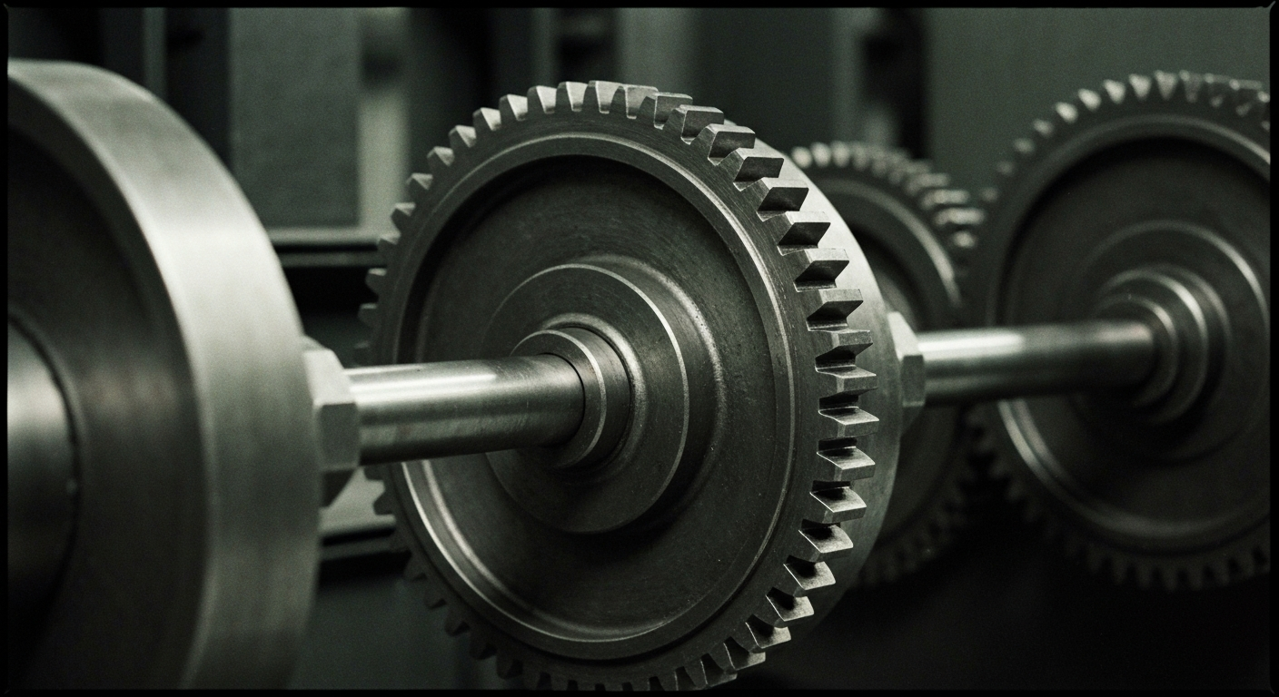 An extreme close-up of interlocking gears and industrial components in shades of silver, black, and blue, conceptually representing the sophisticated financial infrastructure of the renewable energy sector.