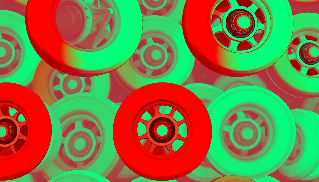 A high-contrast silkscreen print of a skateboard wheel repeated in a grid, rendered in vibrant neon colors and heavy black outlines, conceptually representing the iconic image of Greg Demarie's legendary bridge stunt.
