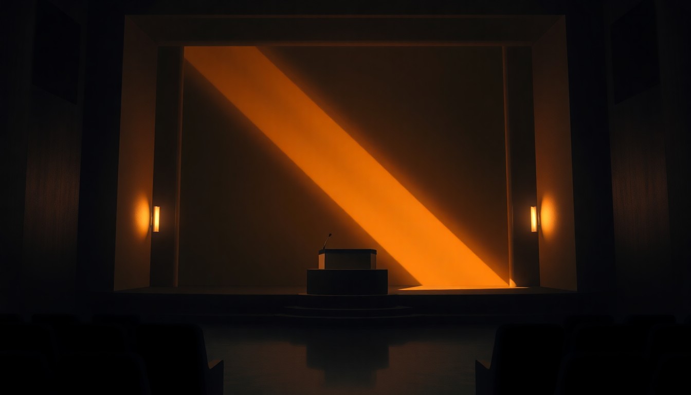 A dimly lit, cinematic painting of an empty stage with a solitary podium, bathed in warm, diagonal sunlight and deep shadows, conveying a sense of anticipation and political tension.