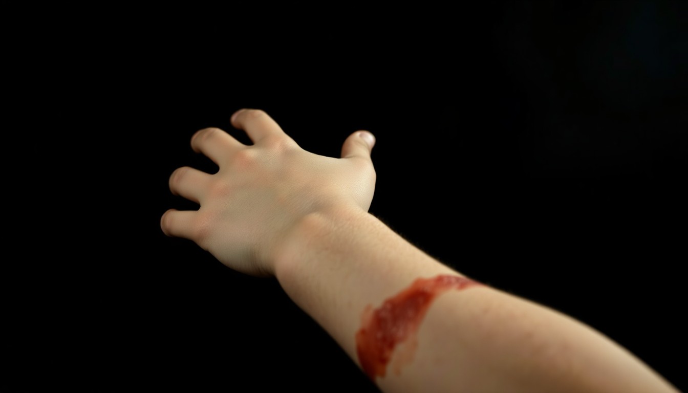 An extreme close-up of a child's bruised arm, the harsh flash lighting creating a stark, gritty aesthetic that conceptually represents the serious nature of the alleged abuse.