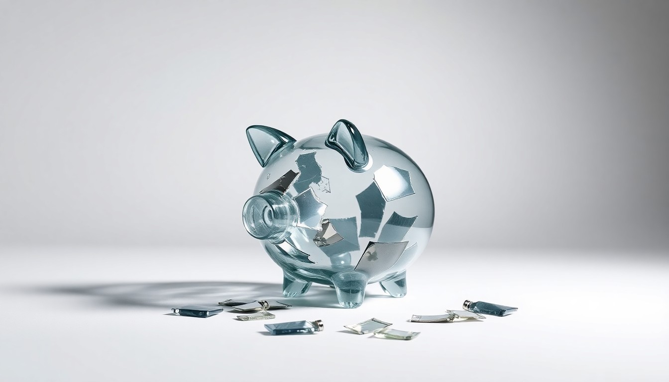 A photorealistic studio still-life image of a shattered glass piggy bank, conceptually representing the loss of value for QVC's investors due to the company's bankruptcy filing.