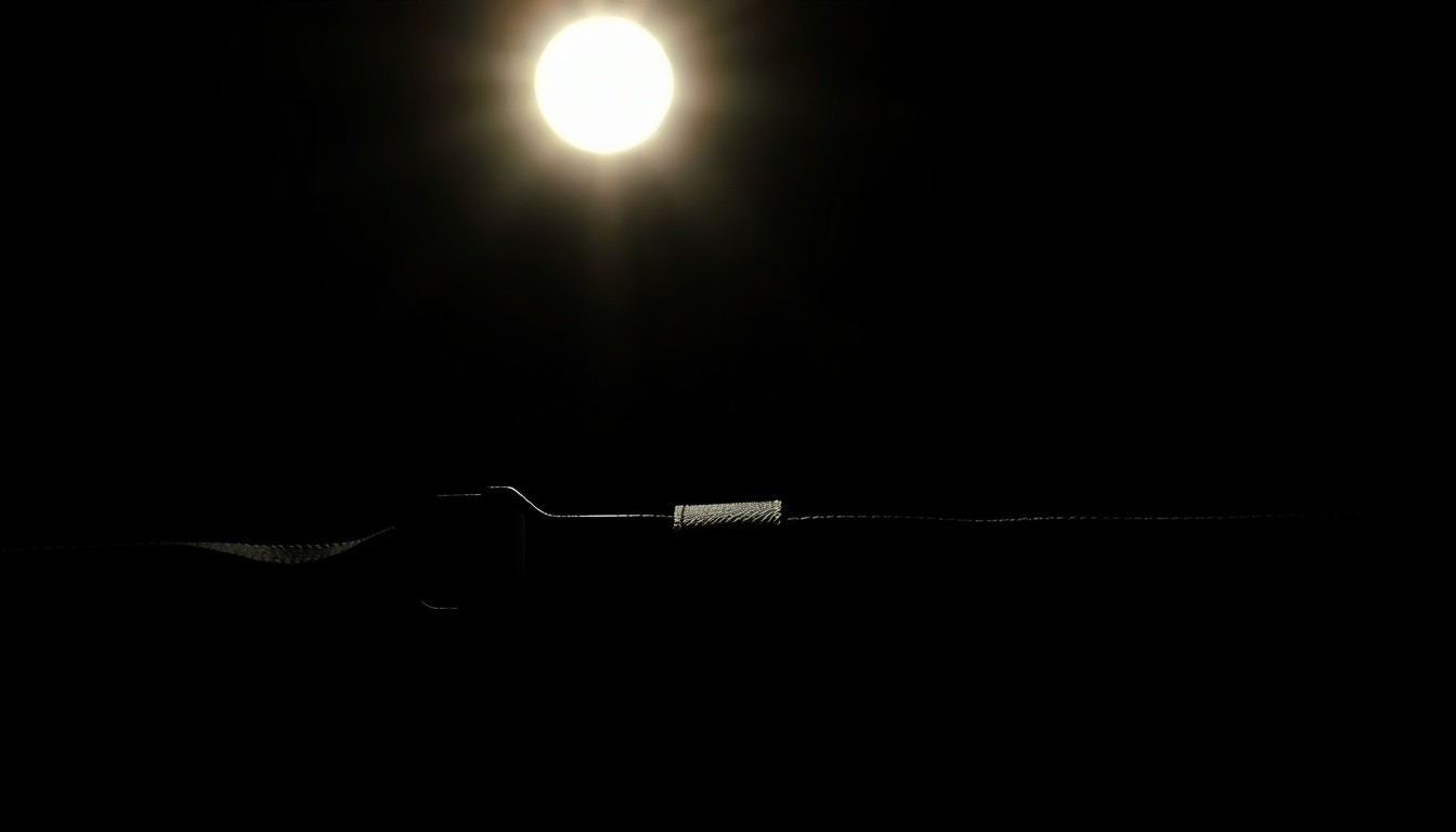 An extreme close-up photograph of a ratchet strap against a pitch-black background, lit by a harsh, direct camera flash, conceptually representing the physical evidence found at the crime scene.