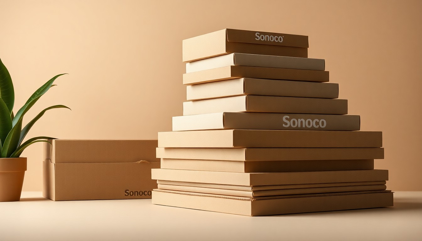 A high-end, photorealistic studio still-life photograph featuring a stack of premium cardboard packaging materials in muted earth tones, representing Sonoco's sustainable product offerings.