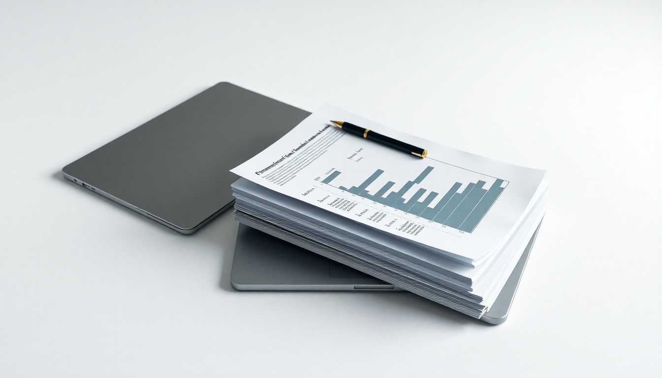 A high-end, photorealistic studio still-life photograph featuring a stack of financial reports, a laptop, and a pen arranged elegantly on a clean, white seamless background, conceptually representing TTEC's corporate strategy and market performance.