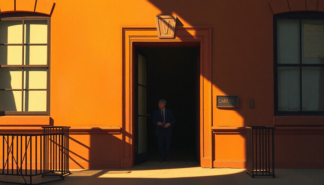 A cinematic painting of a solitary doorman standing in the entryway of a New York City apartment building, the scene bathed in warm, diagonal sunlight and deep shadows, conceptually representing the stability and community role of residential building staff.