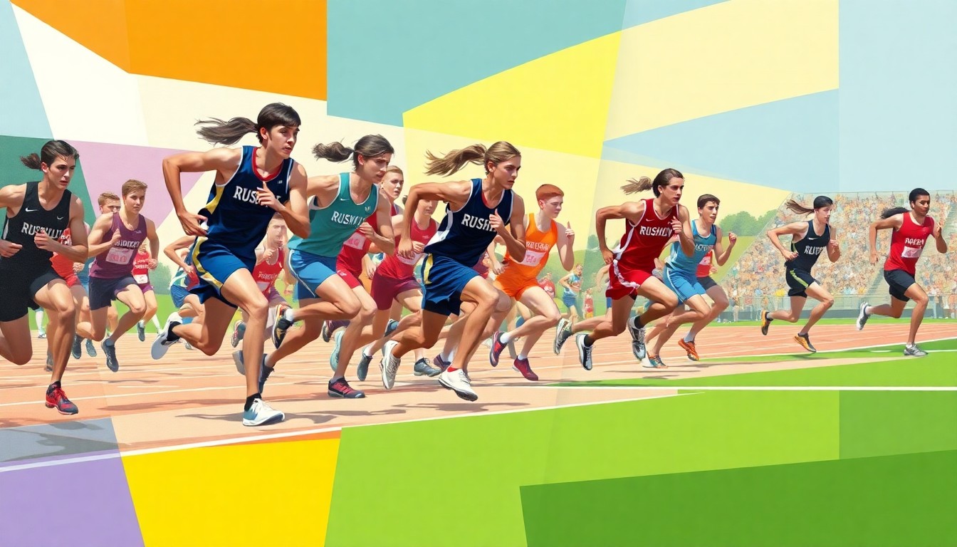 A cubist, geometric painting depicting a high school track and field competition, with overlapping planes of athletes in motion and the school colors of Rushville, New Palestine, and Connersville used throughout the composition.