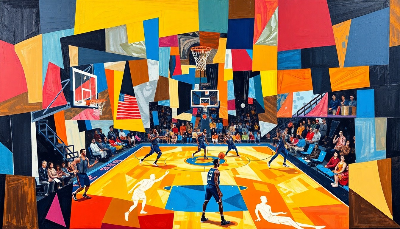 A cubist, geometric painting depicting a basketball game, with sharp, overlapping planes of color representing the dynamic action on the court.