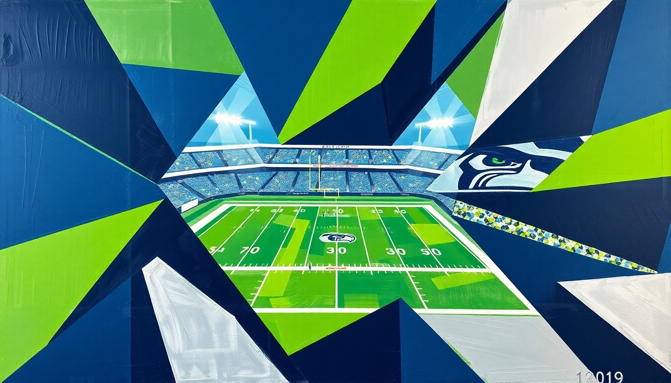 A cubist, geometric painting depicting a Seahawks football game or match, with sharp, overlapping planes of navy blue, lime green, and silver representing the action on the field.