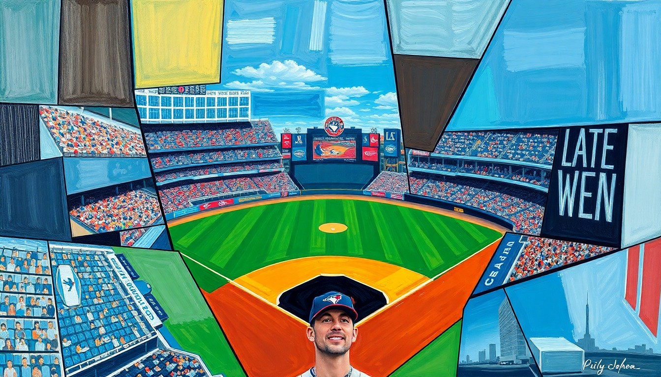A cubist-style painting depicting a baseball game between the Arizona Diamondbacks and Toronto Blue Jays, with the players and field broken down into sharp, overlapping geometric shapes and planes of color.