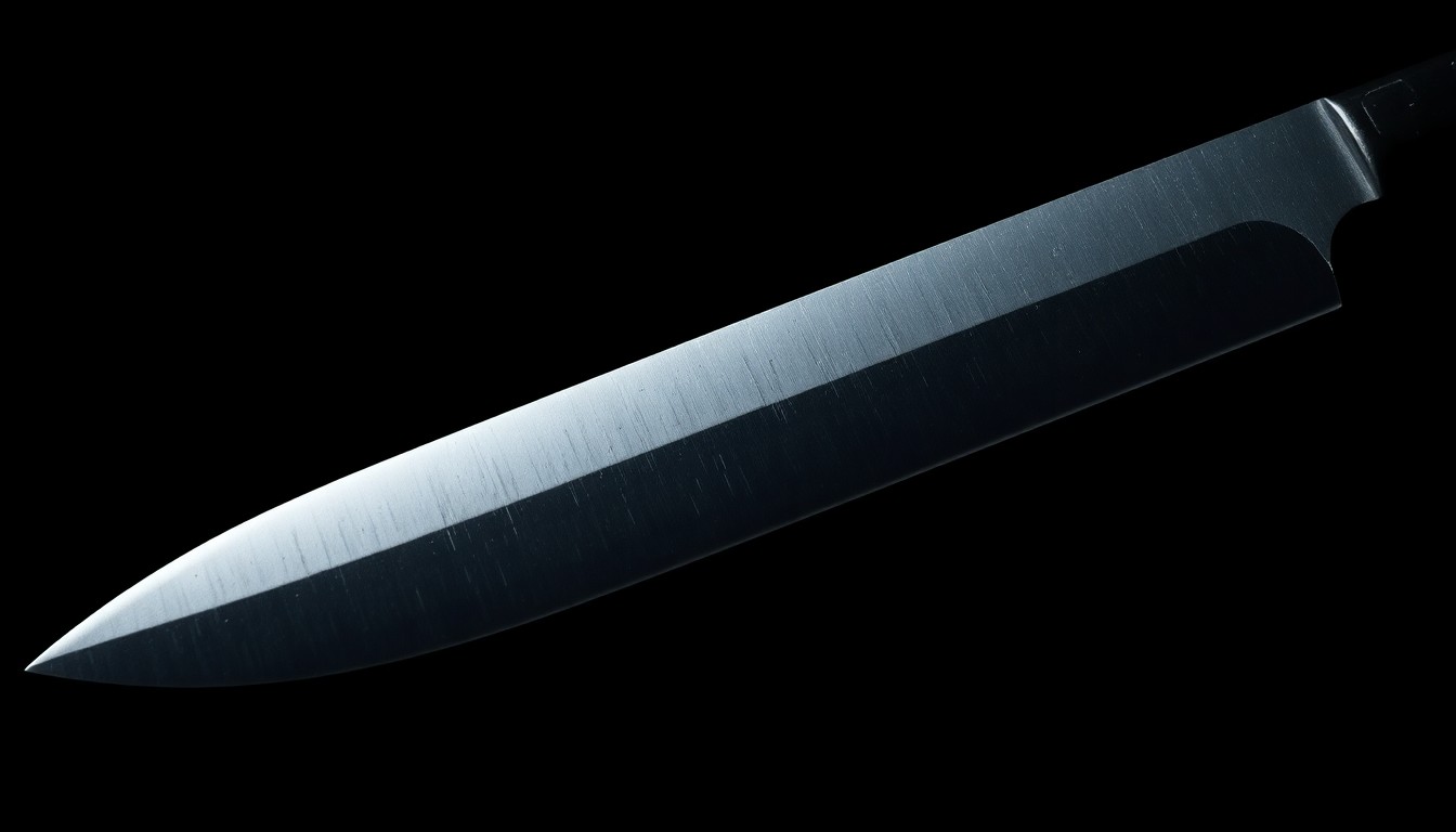 An extreme close-up photograph of a machete blade, partially out of focus, against a pitch-black background, creating a sense of danger and tension.