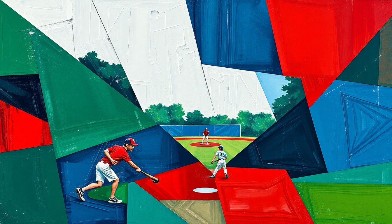 A cubist, geometric painting depicting a high school softball game, with players and the field broken down into overlapping planes of navy, green, and red.