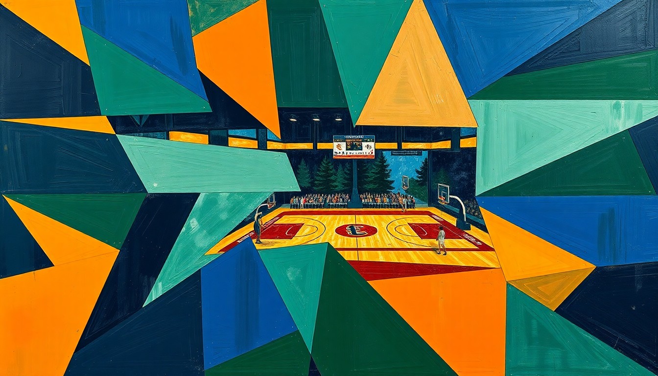 A cubist, geometric painting depicting the fragmented action of a college basketball game, with sharp planes of navy, green, and orange intersecting to create a dynamic, abstract composition.