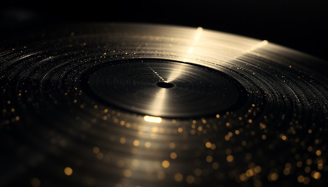An extreme close-up photograph of a shimmering, glittering vinyl record surface in dramatic studio lighting, capturing the luxurious, high-end materiality of a music reissue release.