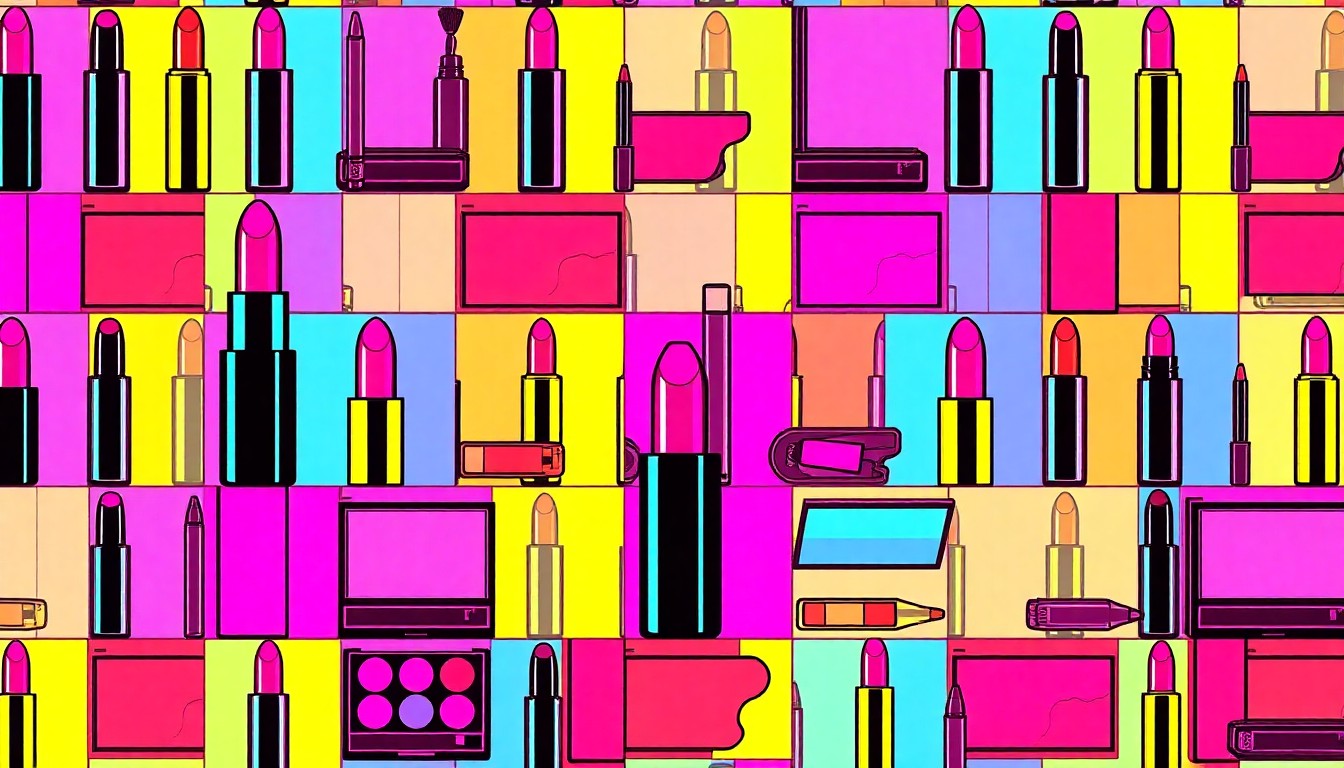 A high-contrast, silkscreen-style illustration featuring a repeated pattern of a single iconic beauty product, such as a lipstick or makeup brush, in a grid of bright, neon-like colors, conceptually representing the diverse array of products and brands featured at the Ulta Beauty World convention.