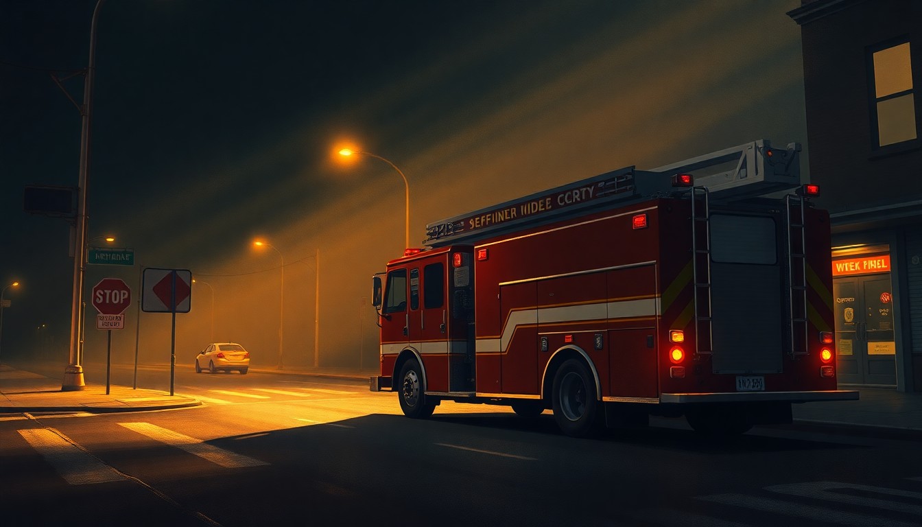 A photorealistic painting of a solitary fire truck parked on a dimly lit urban street, with warm sunlight casting long shadows across the scene, conveying a sense of quiet contemplation and the financial challenges facing first responders.