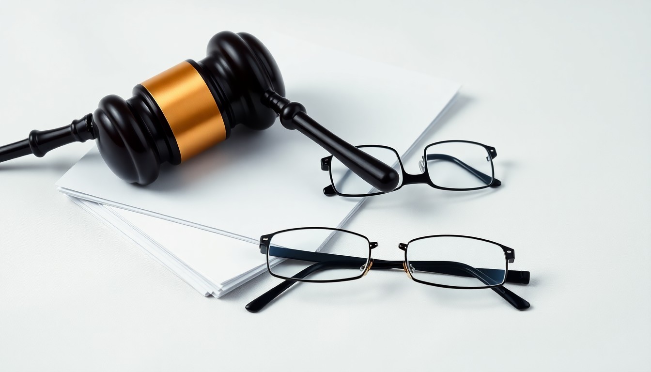 A minimalist studio still life photograph featuring a stack of legal documents, a gavel, and a pair of reading glasses, symbolizing the precision and expertise of a top-tier lawyer.