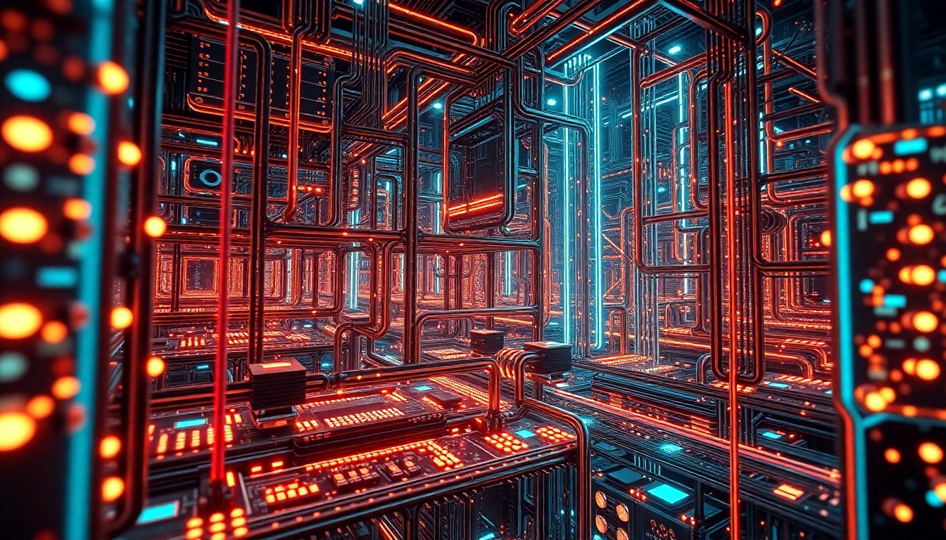 A highly detailed, glowing 3D macro illustration of a complex AI neural network architecture, with intricate circuits, pulsing neon lights, and a sense of technological grandeur, conceptually representing South Korea's aspirations to be a global AI hub.
