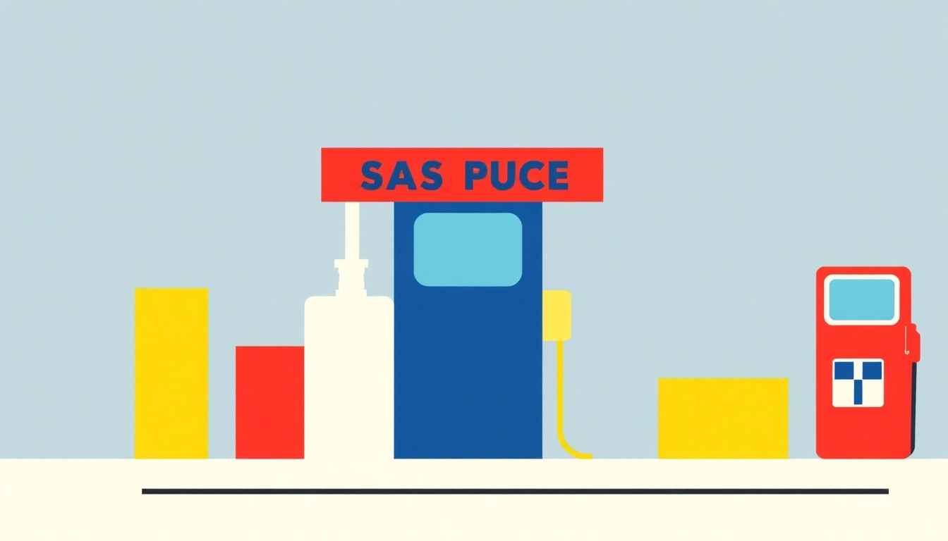 A vibrant abstract illustration composed of overlapping triangles and circles in shades of red, blue, and yellow, conceptually representing the volatility of gas prices and the government's role in stabilizing costs for consumers.