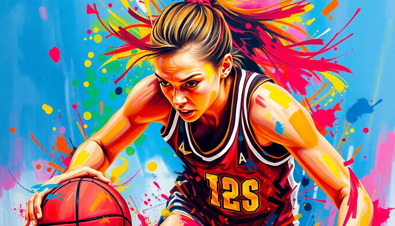 An abstract, expressionist painting featuring vibrant brushstrokes of neon colors capturing the dynamic movements and energy of a basketball player, with their face and uniform dissolving into unrecognizable splatters of paint.