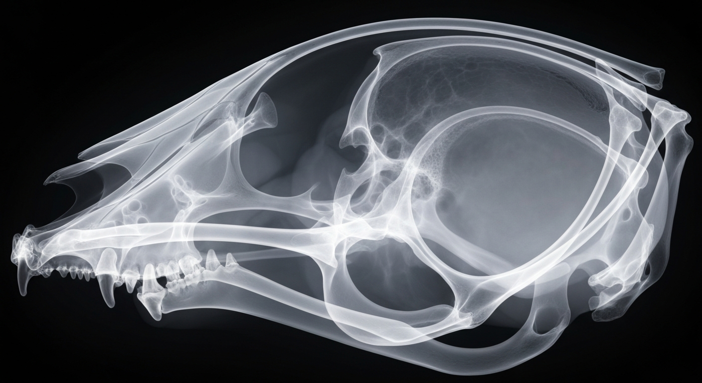 A ghostly, translucent X-ray image revealing the intricate bone structure and nervous system of an animal's head, conceptually illustrating the devastating effects of rabies.