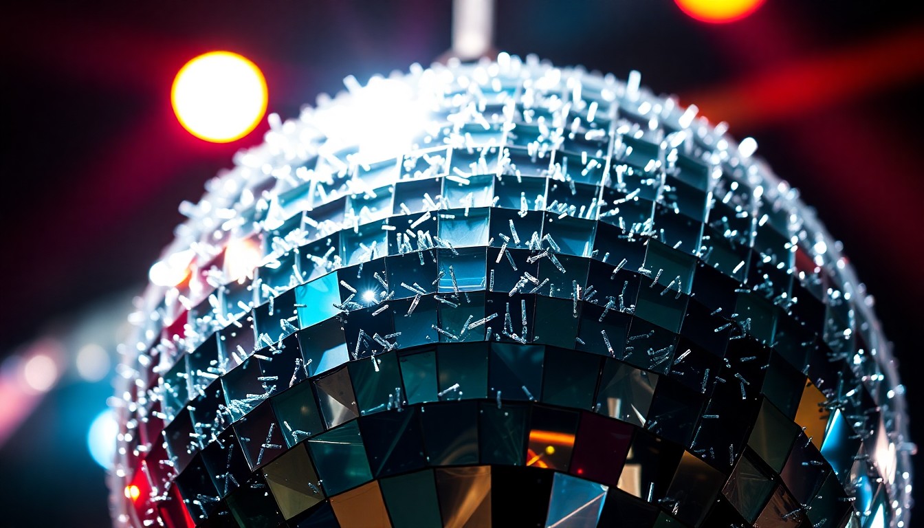 An abstract close-up photograph featuring a dramatic, high-contrast composition of shattered disco ball fragments reflecting bright, theatrical lighting, conveying the glamour and energy of the electronic music conference.