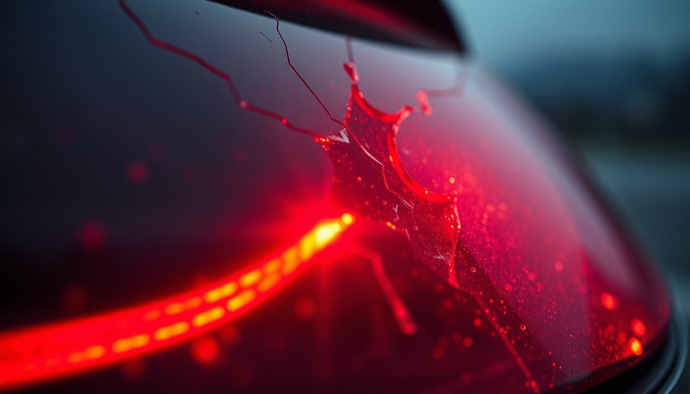 An extreme close-up photograph of a shattered car sensor lens reflecting a faint red light, conceptually representing the damage and aftermath of the Ohio Turnpike crashes.