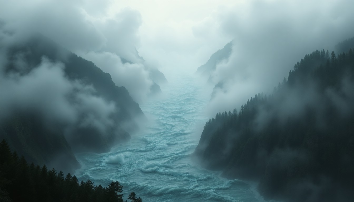 A sweeping, atmospheric landscape painting in muted tones of grey and blue, depicting a flooded river valley with only the tops of submerged structures visible through the heavy fog, conveying the scale and power of the natural disaster.
