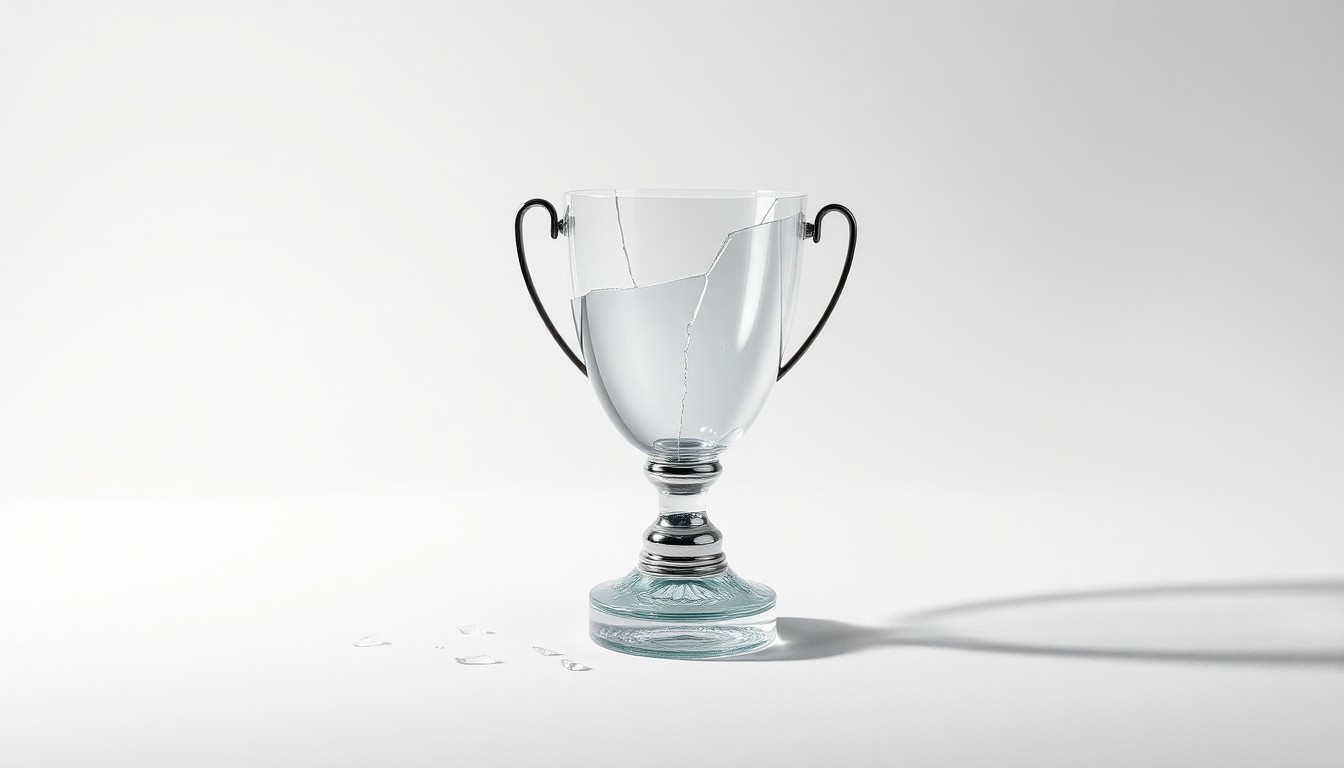 A photorealistic studio still-life image of a shattered glass trophy or award on a clean, monochromatic background, conveying a sense of disappointment and unfulfilled potential in the realm of gender equality in sports.