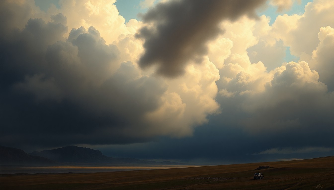 A sweeping, atmospheric landscape painting in muted tones of gray, blue, and green, with a small structure or vehicle barely visible in the foreground, dwarfed by the dramatic, stormy sky above.