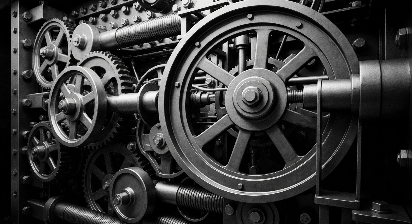 A dramatic close-up of the intricate gears, pulleys, and mechanisms of a large commercial bank vault, rendered in high contrast black and white, conveying a sense of financial security and institutional power.
