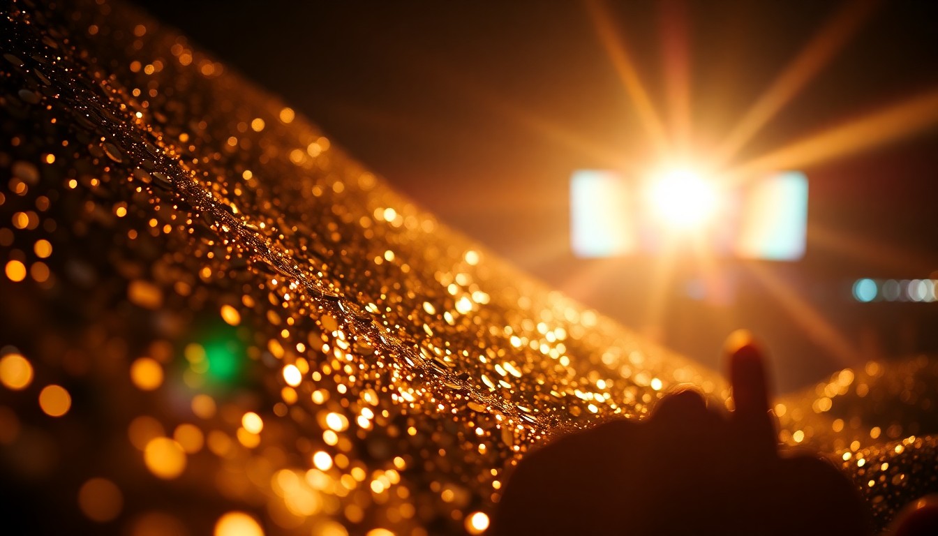 An extreme close-up photograph of shimmering, glittering sequins and metallic textures, captured in dramatic studio lighting to create a high-fashion, glamorous aesthetic that conceptually represents the spectacle of the Coachella music festival.