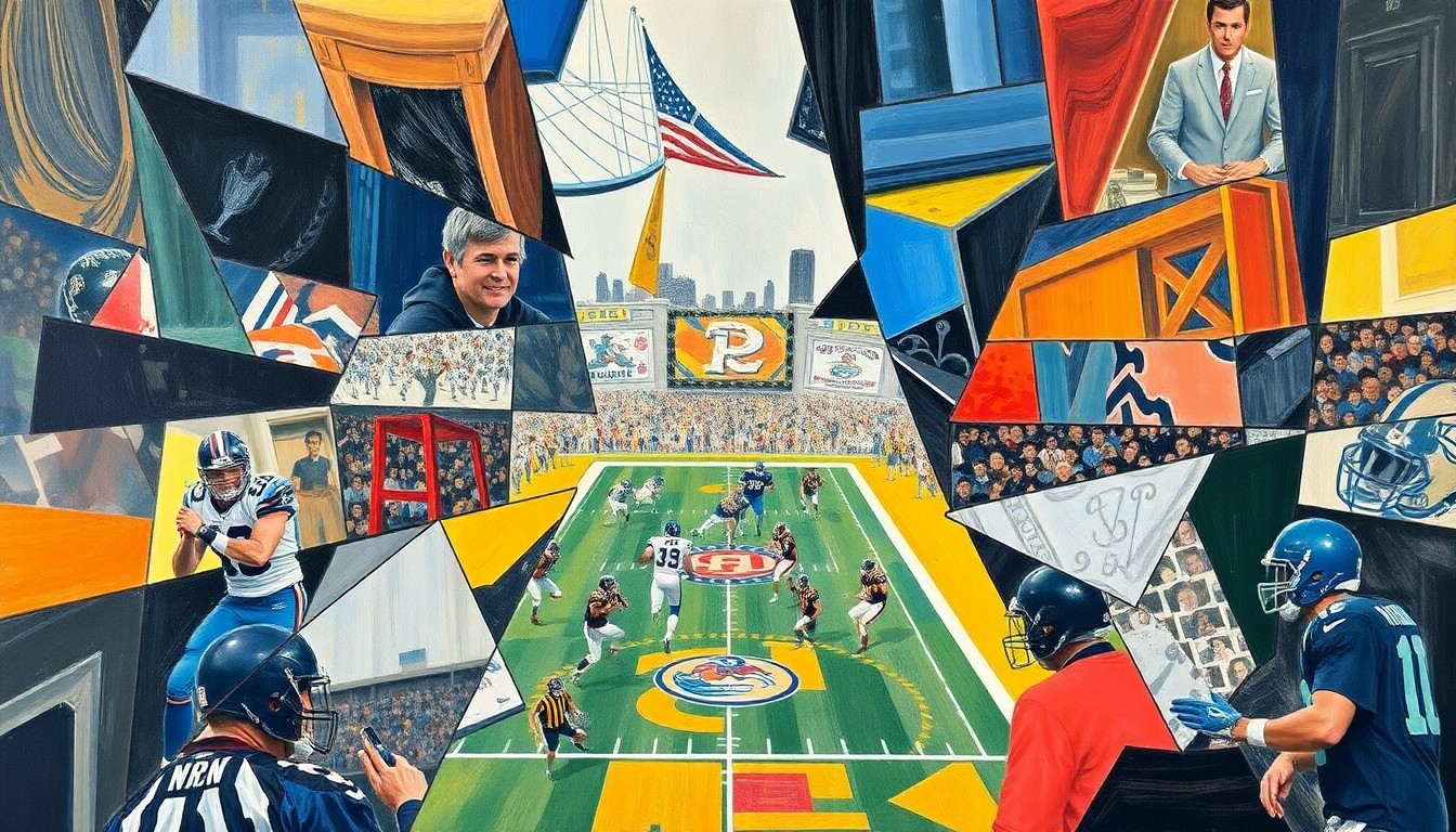 A cubist, geometric painting depicting fragmented, overlapping shapes and planes representing a football game or NFL draft scene, conveying the conceptual idea of roster changes and strategic roster-building.