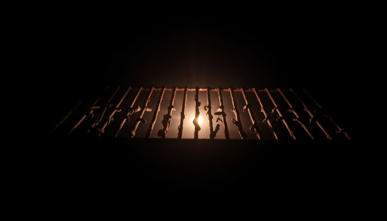 An extreme close-up photograph of a charred, twisted metal grate from a commercial smoker, conveying the gritty aftermath of a restaurant fire through dramatic lighting and minimal visual elements.