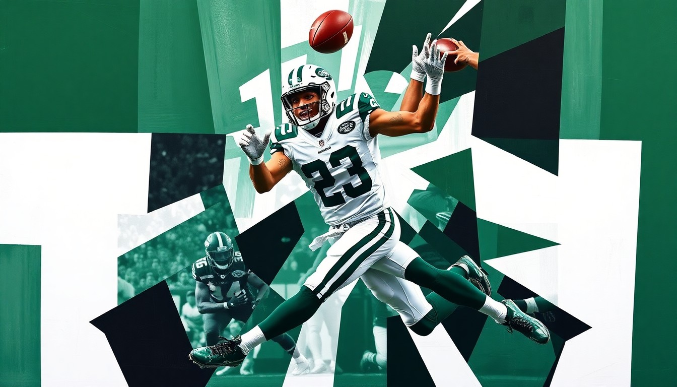 A fragmented, geometric painting depicting a New York Jets wide receiver in mid-catch, with sharp planes of green, white, and black colors representing the dynamic action of the play.