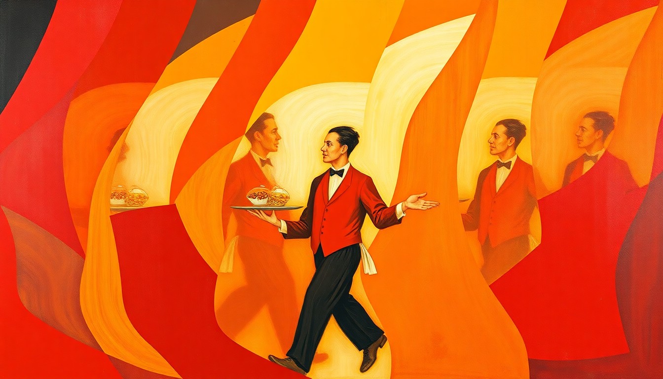 An abstract, fragmented painting of a waiter carrying a tray, with overlapping geometric shapes and bold, warm colors, conceptually representing the turbulent politics and economic pressures facing service industry workers in Chicago.