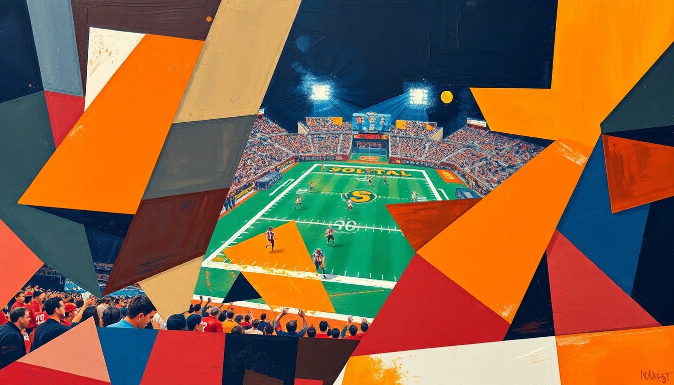 A cubist, geometric painting depicting fragmented and overlapping scenes of a college football game, with players and field elements broken down into sharp, angular shapes in a vibrant color palette of maroon, orange, and navy blue.