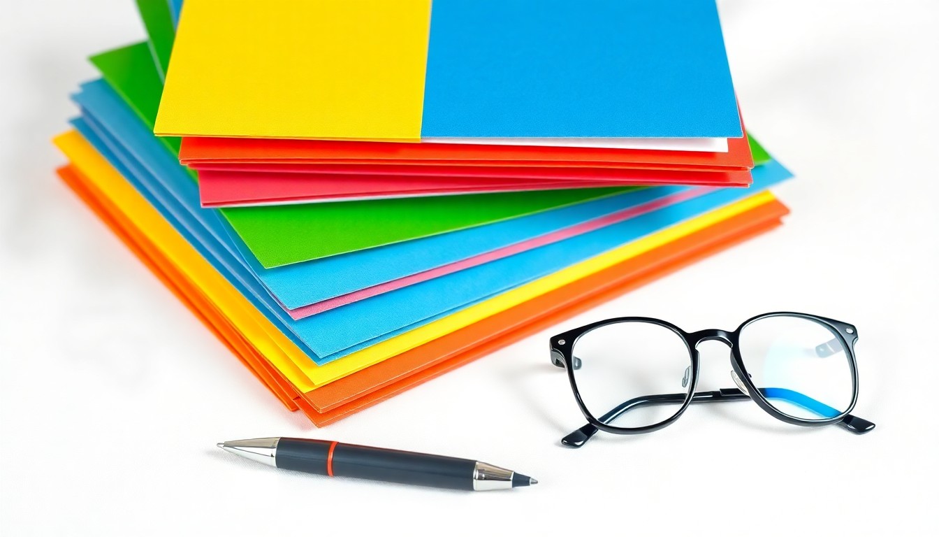 A minimalist, photorealistic studio still life featuring a stack of colorful file folders, a pen, and a pair of reading glasses arranged on a clean white background, conceptually representing the administrative work of the Pacific Power Foundation in distributing grants to support community safety and wellness programs.